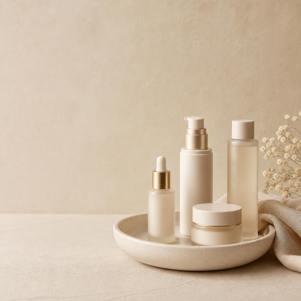 Gpt image 2 An elegant luxury skincare still life scene photographed from eye level at a med 0